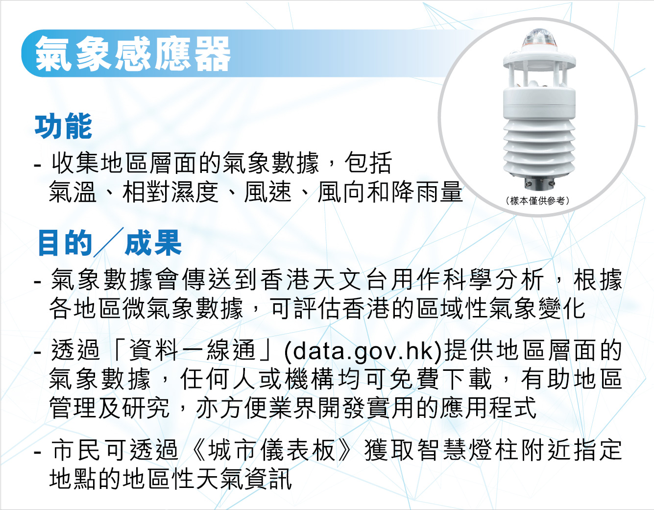 氣象感應器，
					功能 —
					收集地區層面的氣象數據，包括氣溫和相對濕度。
					
					目的╱成果 —
					氣象數據會傳送到香港天文台用作科學分析，根據各地區微氣象數據，可評估香港的區域性氣象變化。
					透過「資料一線通」 (data.gov.hk)提供地區層面的氣象數據，任何人或機構均可免費下載，有助地區管理及研究，亦方便業界開發實用的應用程式。
					市民可透過《城市儀表板》獲取智慧燈柱附近指定地點的地區性天氣資訊。